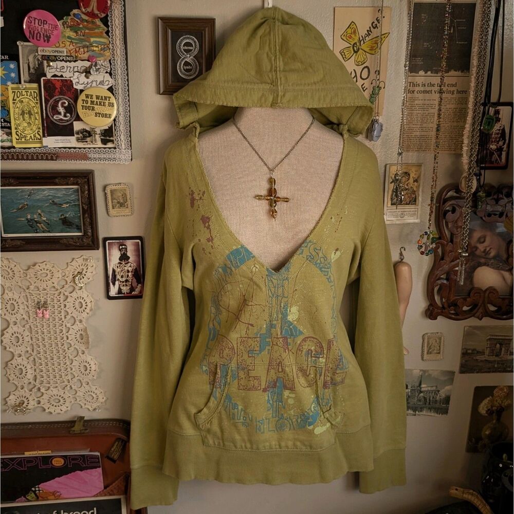 Y2K Peace Sign Graphic V-Neck Hoodie Sweatshirt Women's Large Green